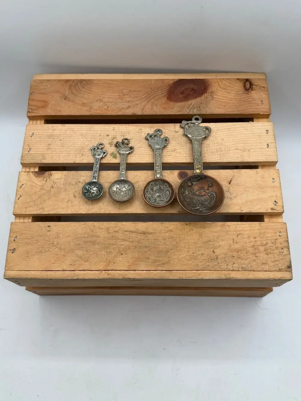 Vintage Pewter & Copper Tone Teapot Measuring Spoons - (Set of 4)